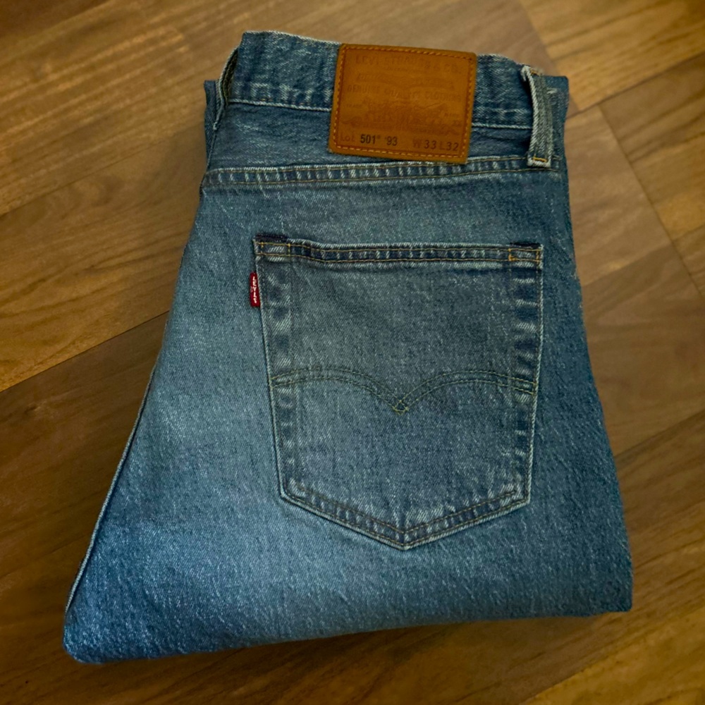 LEVI'S Premium 501 '93 Straight Stretch Blue Jeans Distressed Men' W33 L32